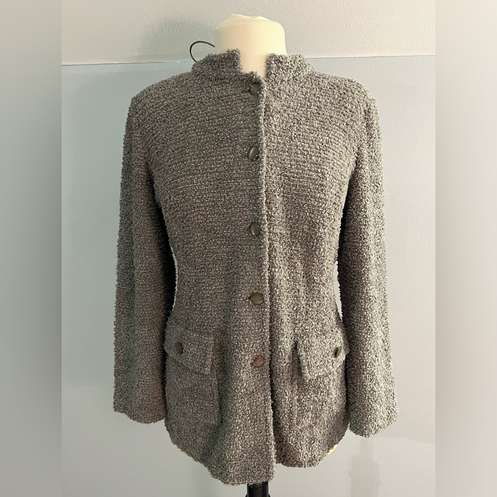 St John Ribbon Eyelash Grey Tweed Long Jacket